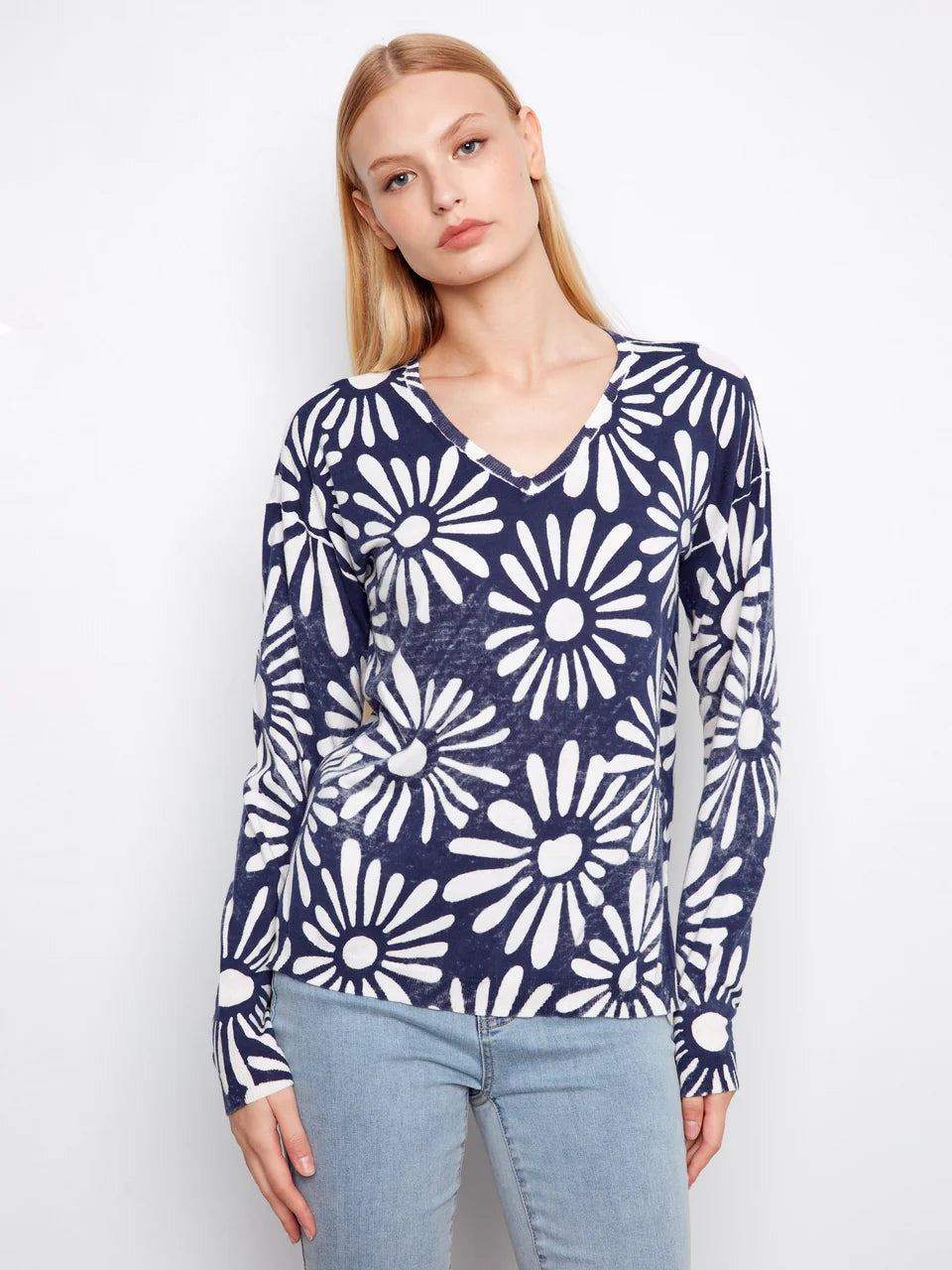 Charlie B Reversible Printed V-Neck Sweater - Nautic 3