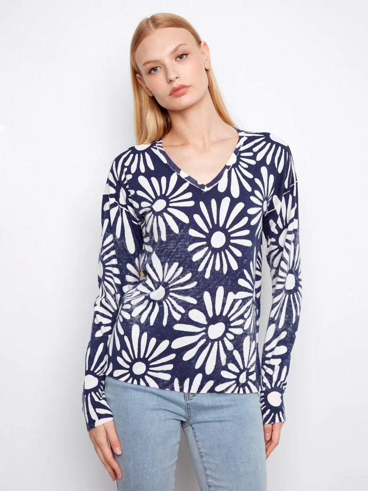 Charlie B Reversible Printed V-Neck Sweater - Nautic 3