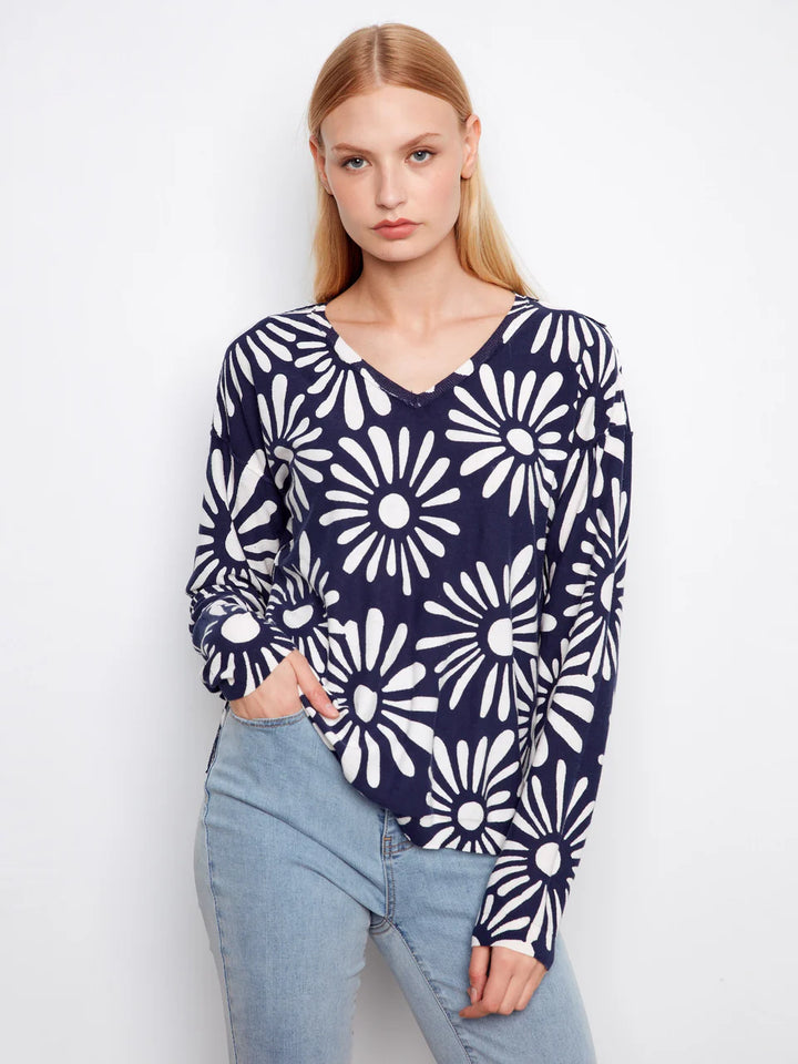 Charlie B Reversible Printed V-Neck Sweater - Nautic 5