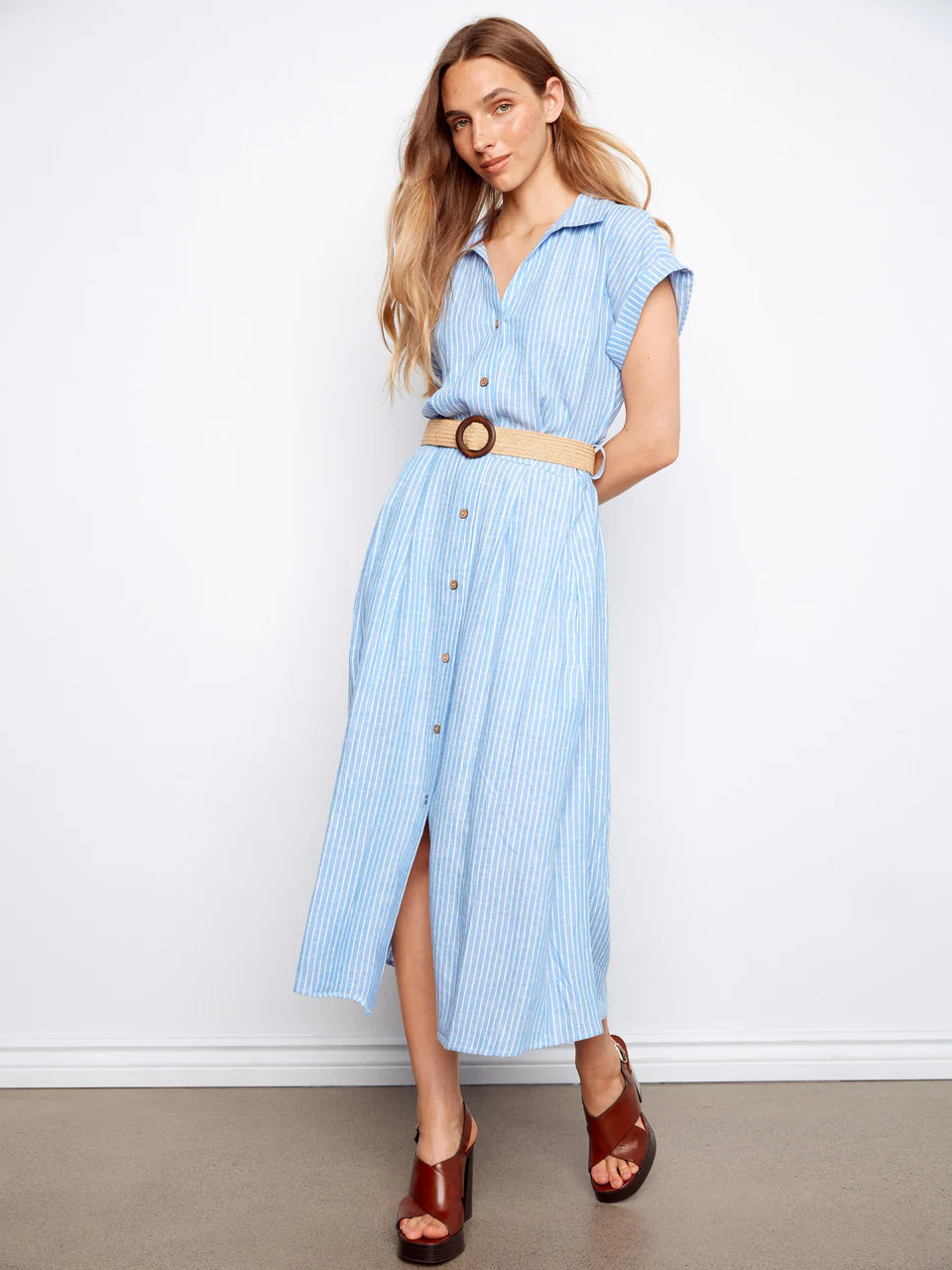 Charlie B Striped Linen Blend Maxi Dress With Belt - Bluebell 1