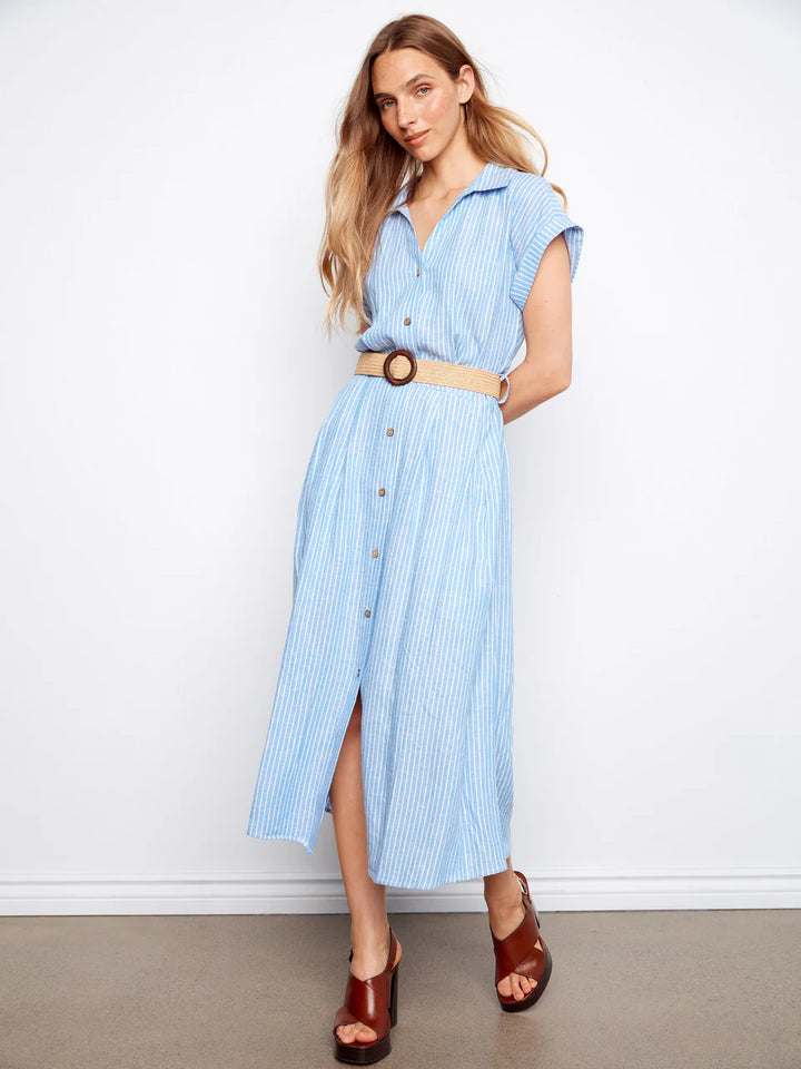 Charlie B Striped Linen Blend Maxi Dress With Belt - Bluebell 1