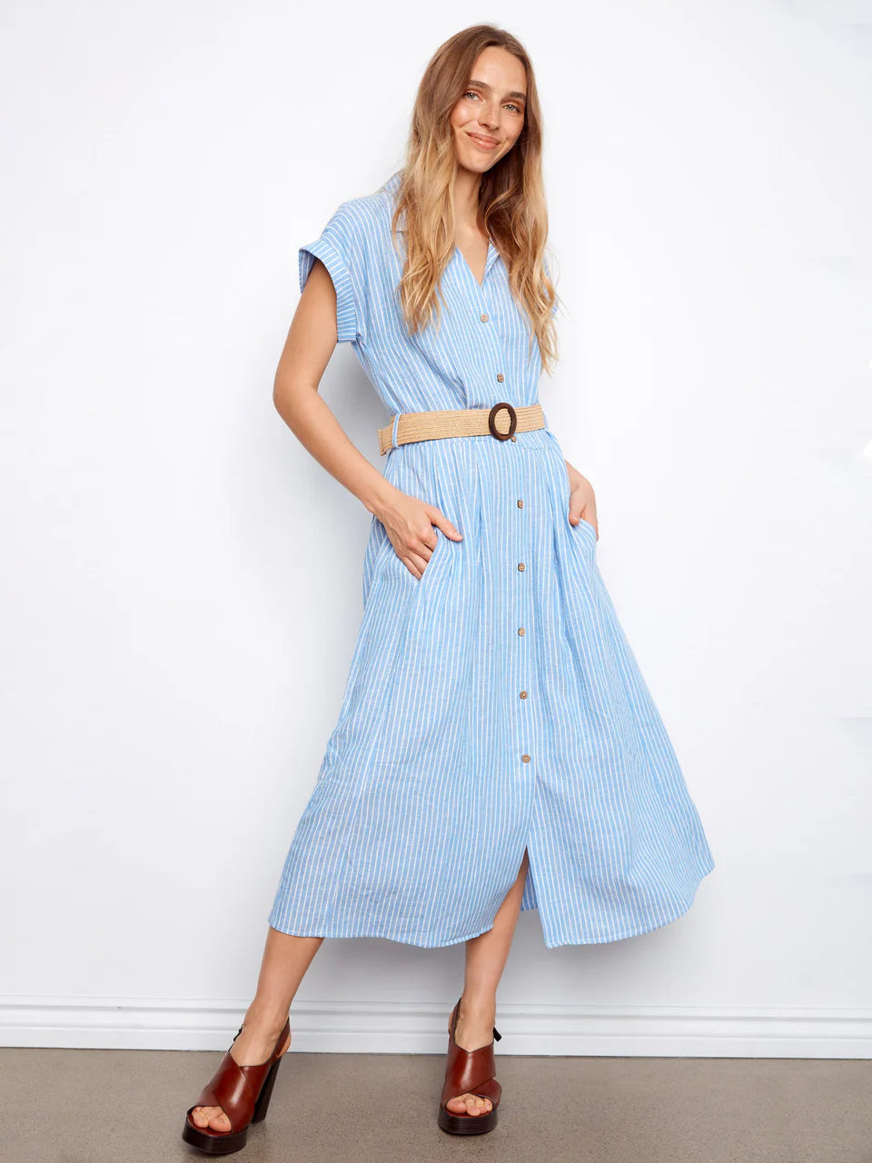Charlie B Striped Linen Blend Maxi Dress With Belt - Bluebell 2