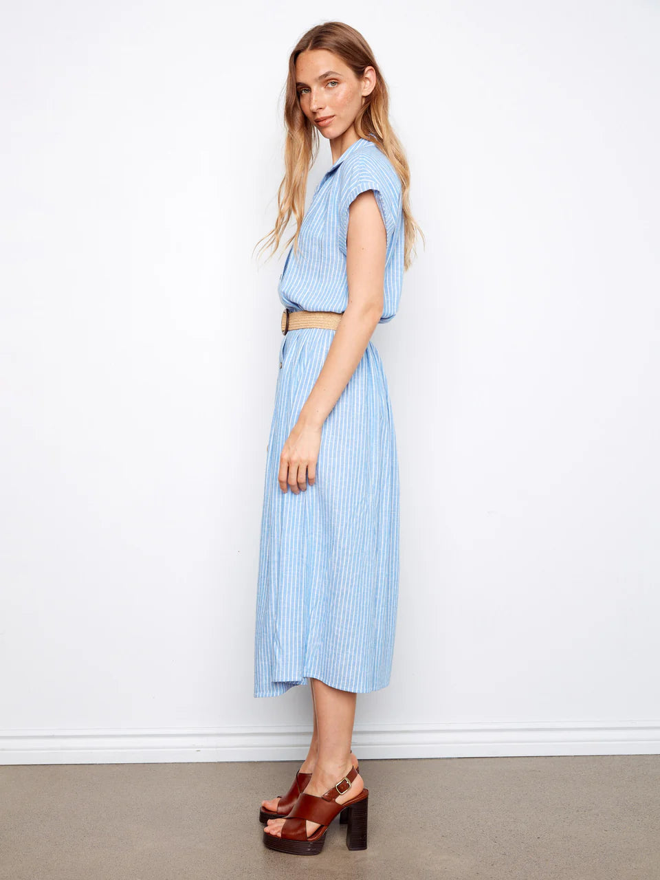 Charlie B Striped Linen Blend Maxi Dress With Belt - Bluebell 3