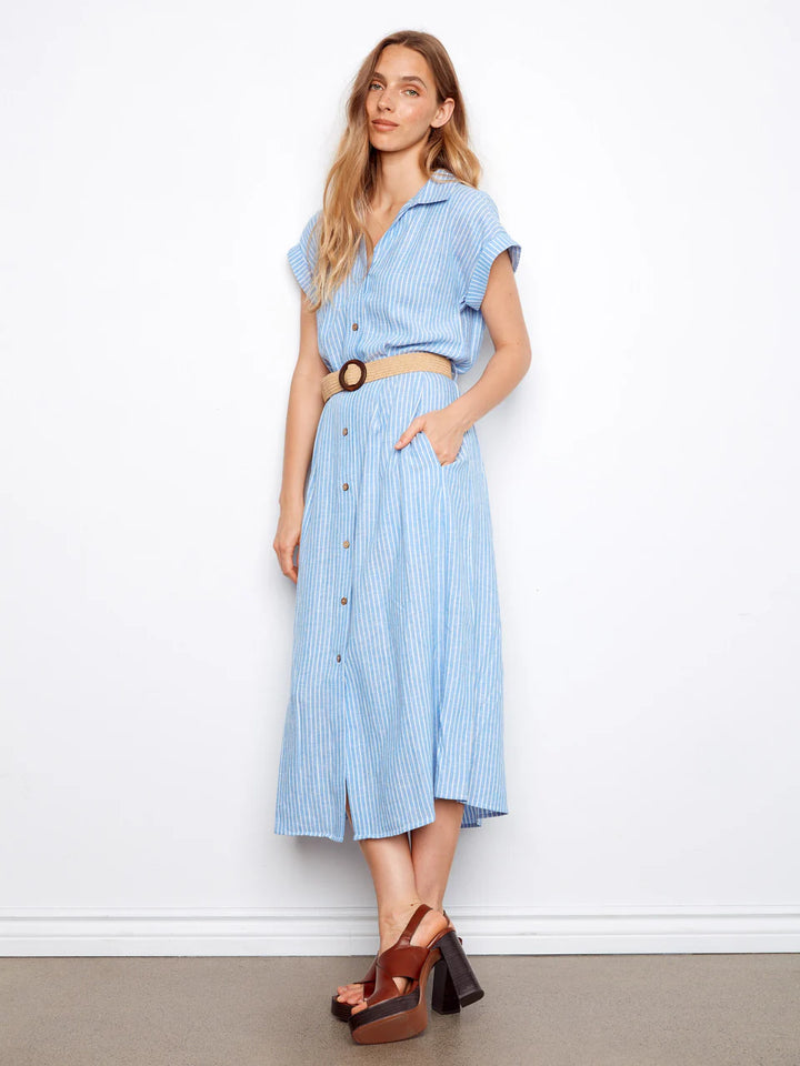 Charlie B Striped Linen Blend Maxi Dress With Belt - Bluebell 4