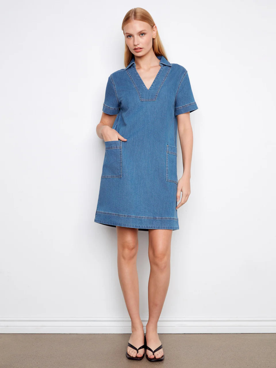 Charlie B Collared V-Neck Denim Dress