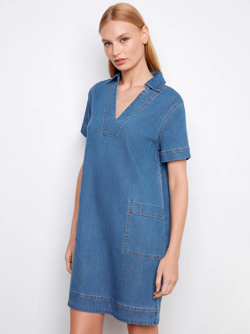 Charlie B Collared V-Neck Denim Dress - Medium Blue 3