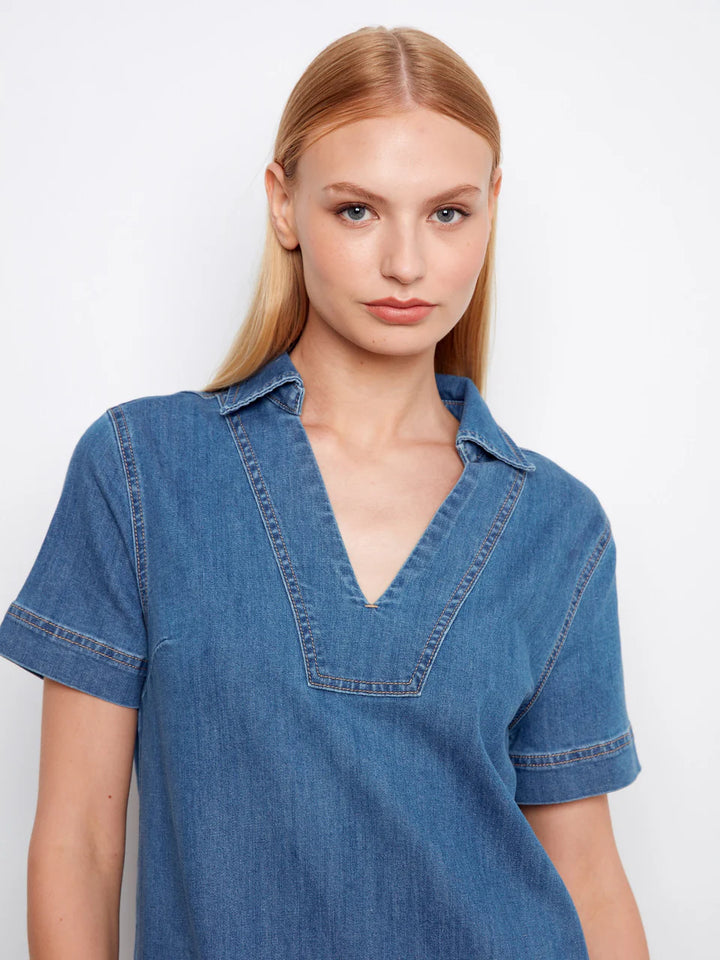 Charlie B Collared V-Neck Denim Dress - Medium Blue 4