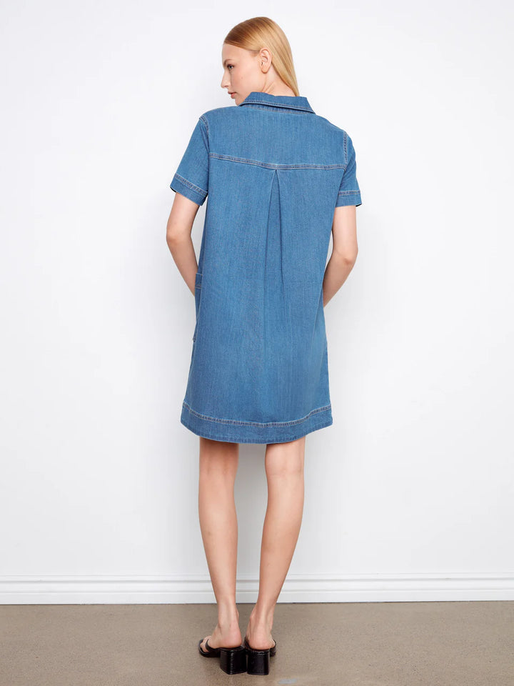 Charlie B Collared V-Neck Denim Dress - Medium Blue 6