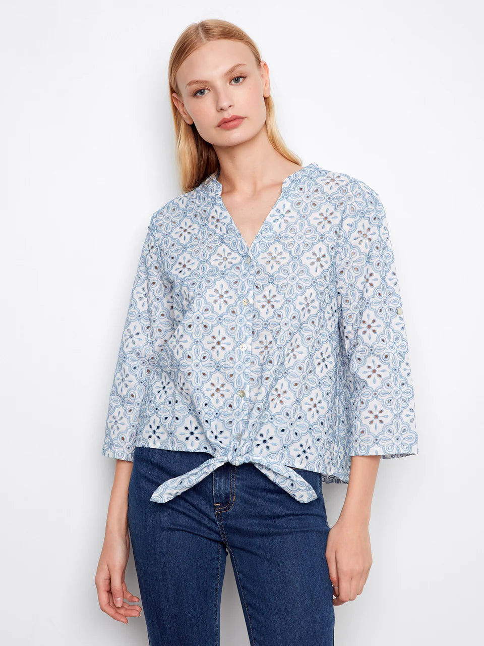 Charlie B Printed Eyelet Cotton Blouse With Front Tie - Blue 1