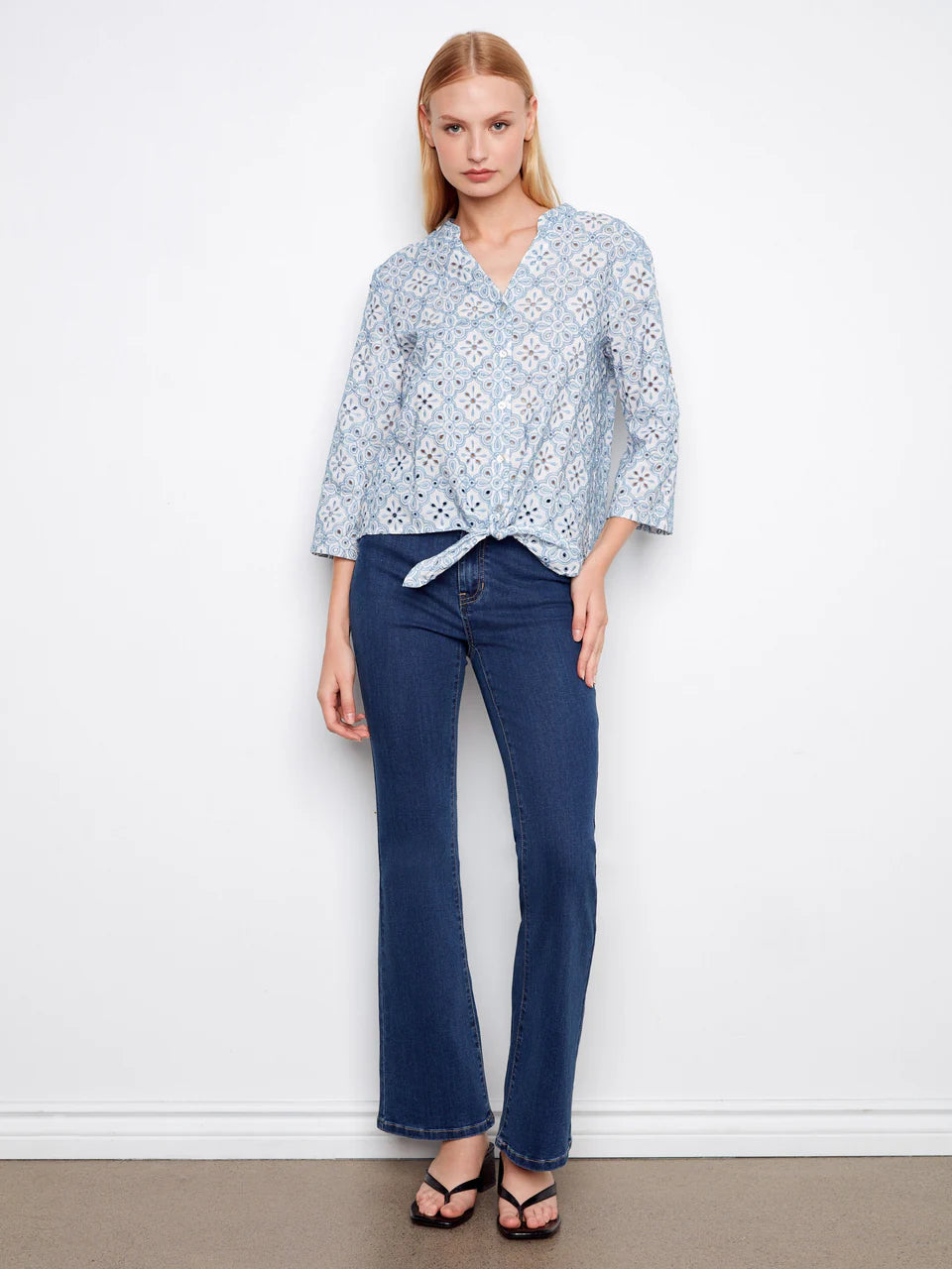 Charlie B Printed Eyelet Cotton Blouse With Front Tie - Blue 2