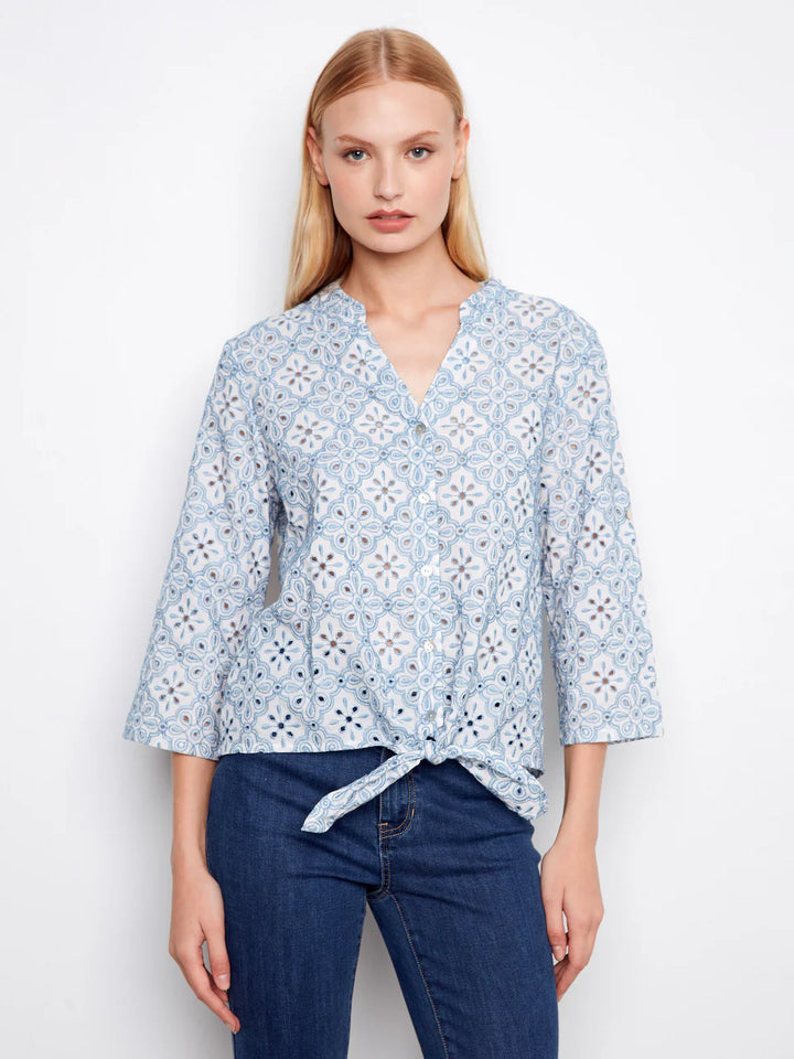 Charlie B Printed Eyelet Cotton Blouse With Front Tie - Blue 3