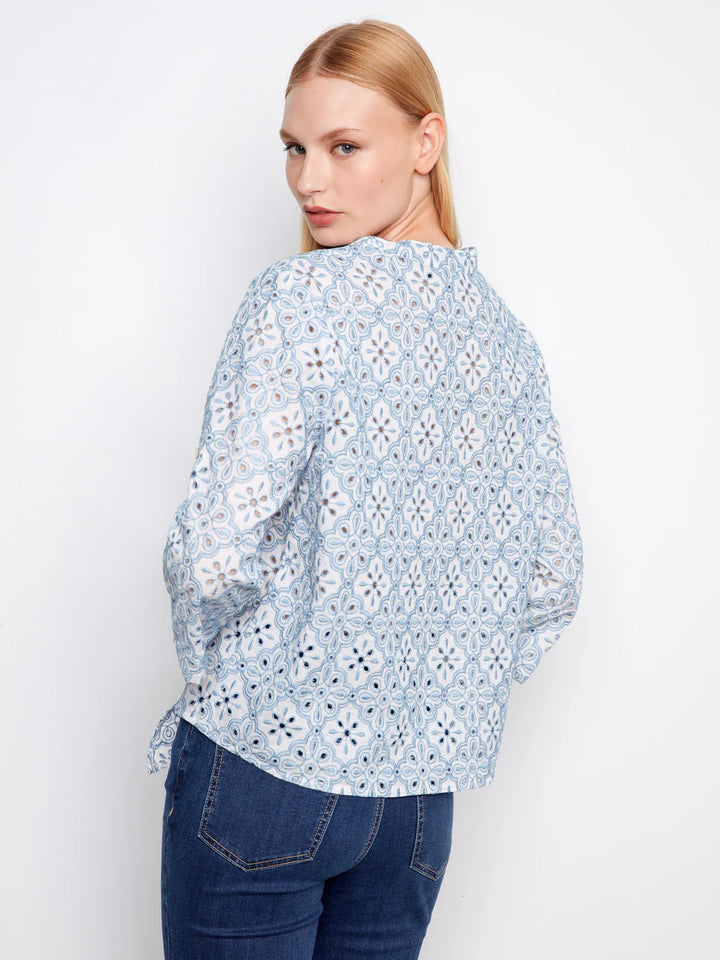 Charlie B Printed Eyelet Cotton Blouse With Front Tie - Blue 4