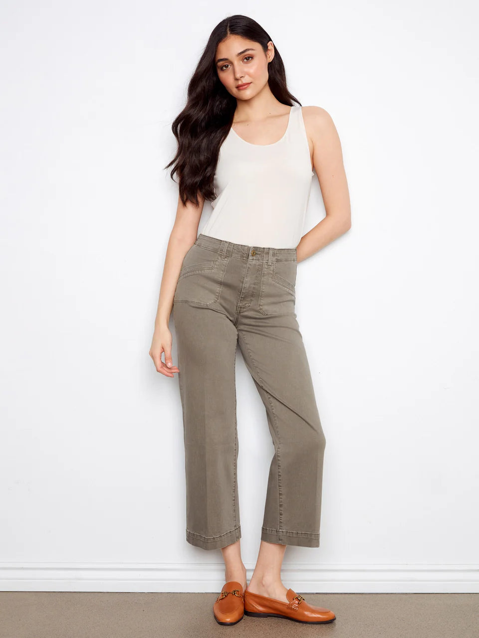 Charlie B Cropped Wide Leg Stretch Twill Jeans Sage 1