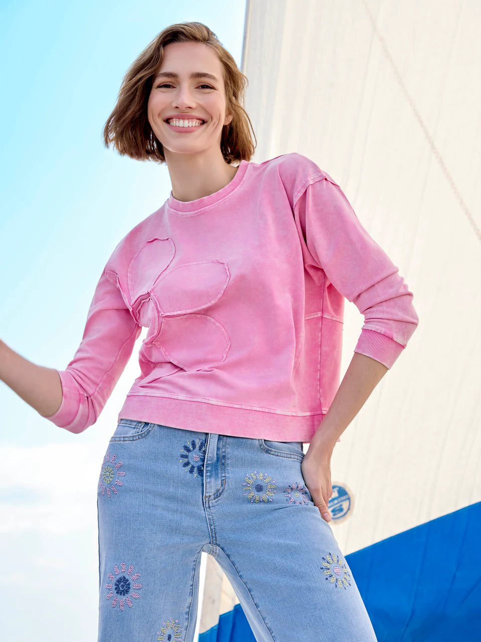 Charlie B Long Sleeve Top With Flower Appliqué - Candy 2