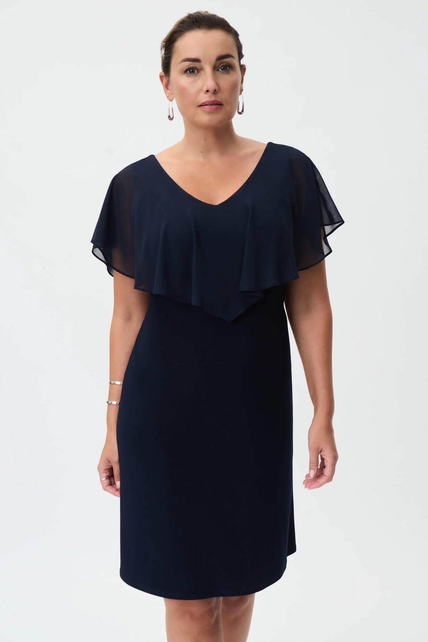 Chiffon Overlay Dress Style 232240 Midnight Black Front Close-up.