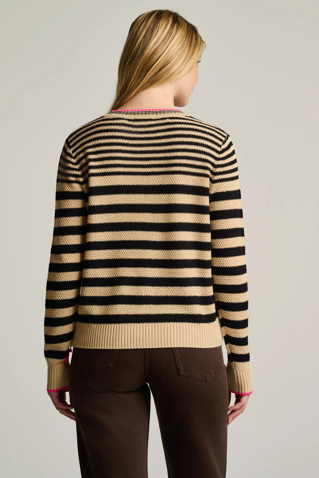 View from the back of the Lisa Todd Stripe Idol Sweater in Sable Black Stripe cotton knit crewneck