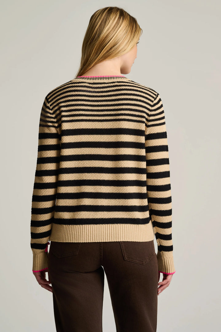 View from the back of the Lisa Todd Stripe Idol Sweater in Sable Black Stripe cotton knit crewneck