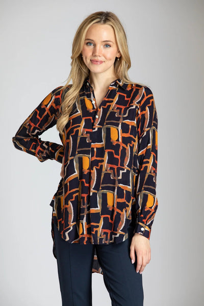 Fall Abstract Print Three Button Pullover Tunic Front.
