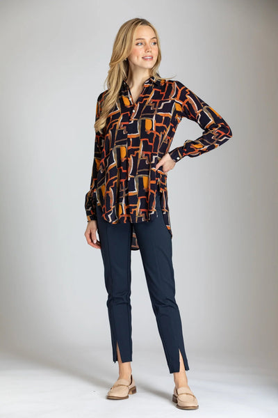 Fall Abstract Print Three Button Pullover Tunic Full Front.