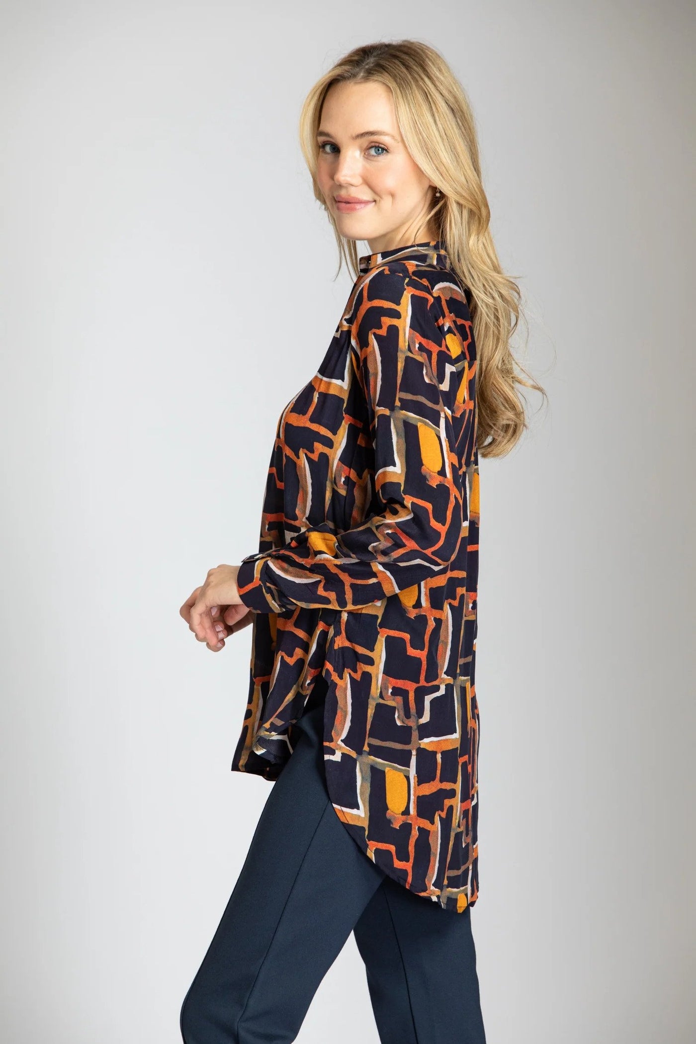 Fall Abstract Print Three Button Pullover Tunic Side.