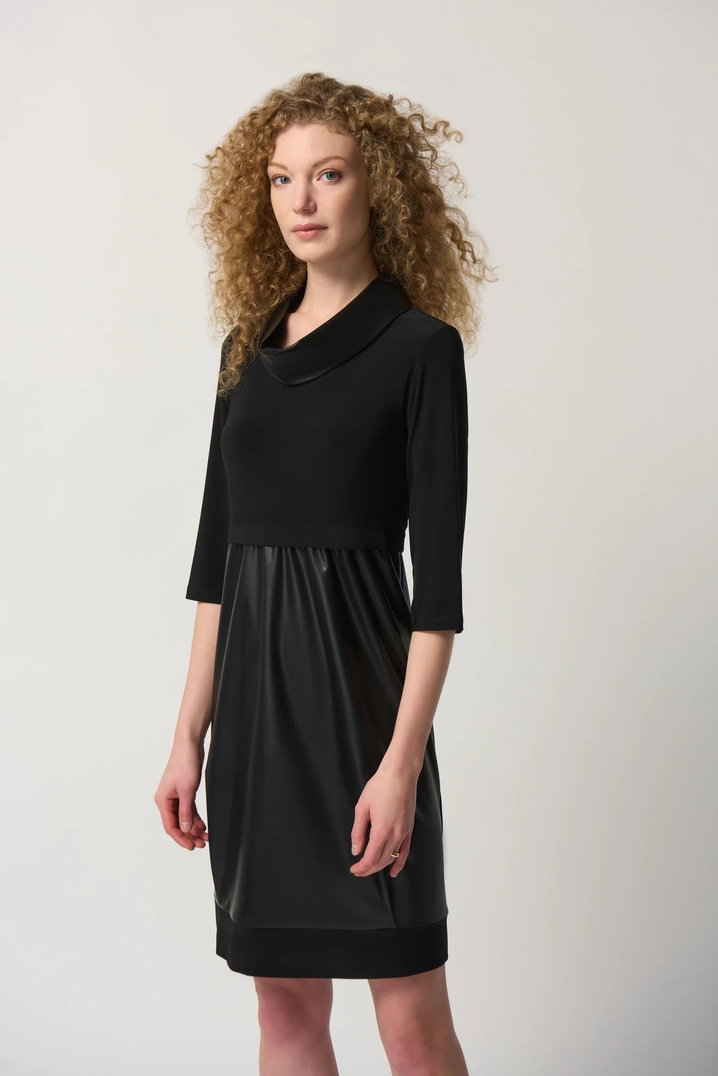 Faux leather and Knit Cocoon Dress Style 233091 Front.