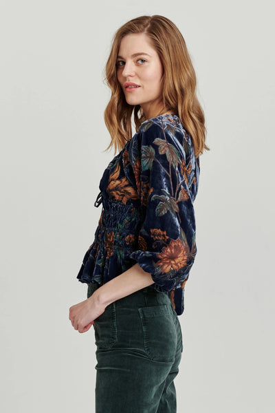 Flora Printed Velvet Top Euphoric Garden Side Close-up.