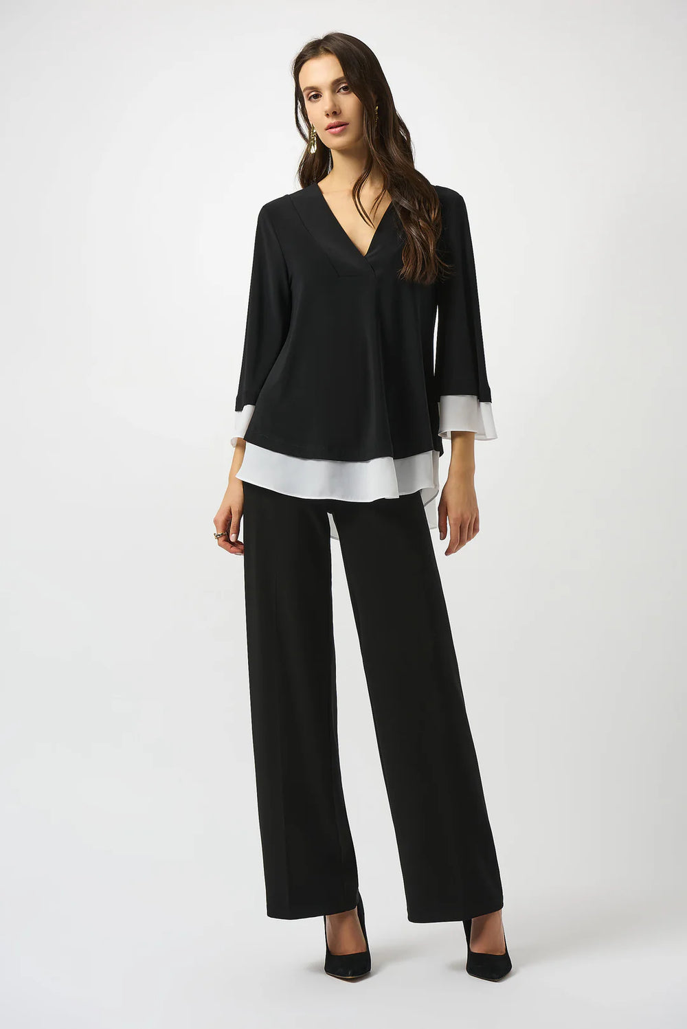Joseph Ribkoff Black/Off White Silky Knit & Georgette Color Block Flared Top Style 253082 2