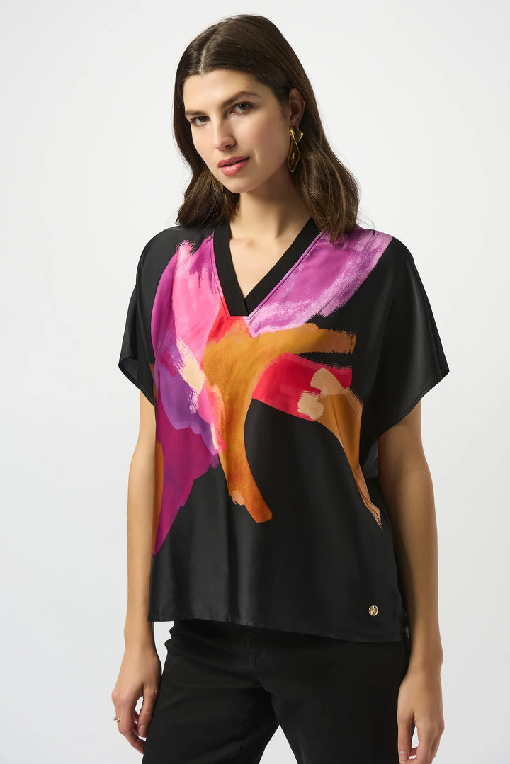 Black/Multi Abstract Print Boxy Top with Rib Trim Style 253922 1
