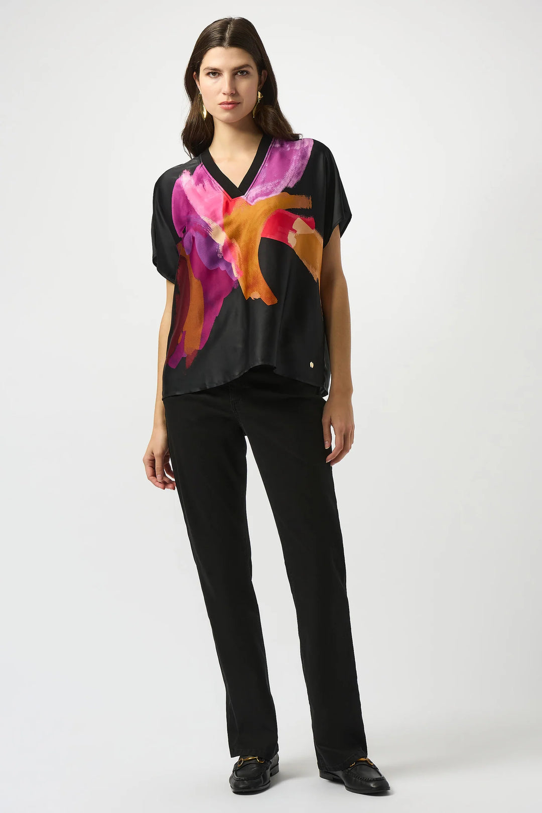 Joseph Ribkoff Black/Multi Abstract Print Boxy Top with Rib