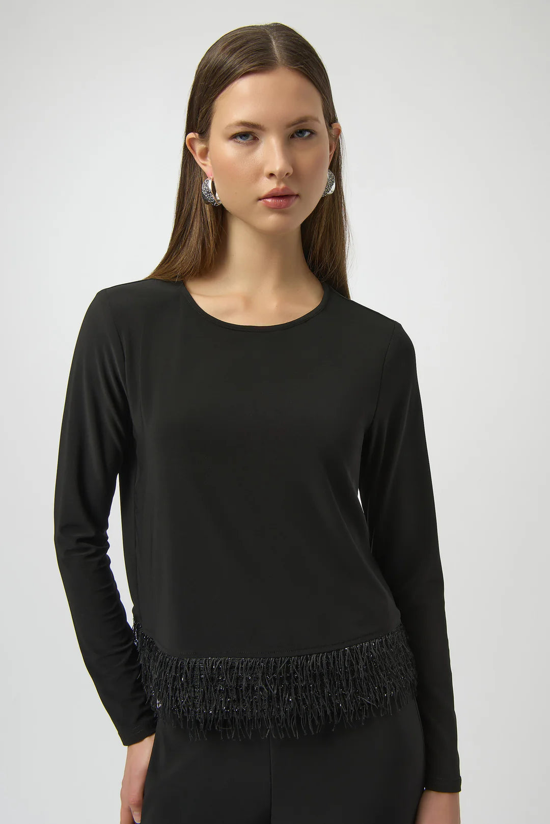 Joseph Ribkoff Black Top with Novelty Fringe Hem Style 254148 3