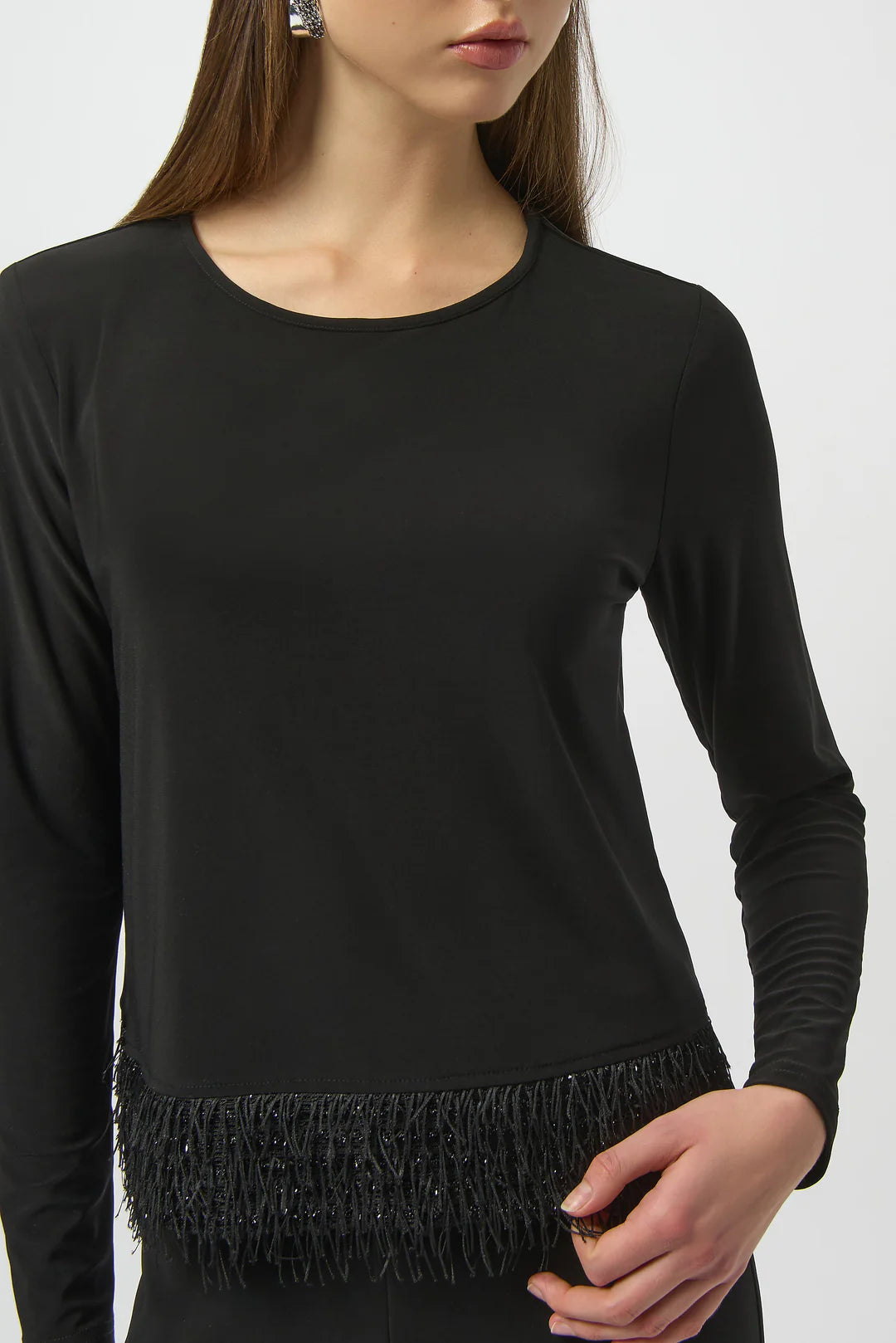 Joseph Ribkoff Black Top with Novelty Fringe Hem Style 254148 6