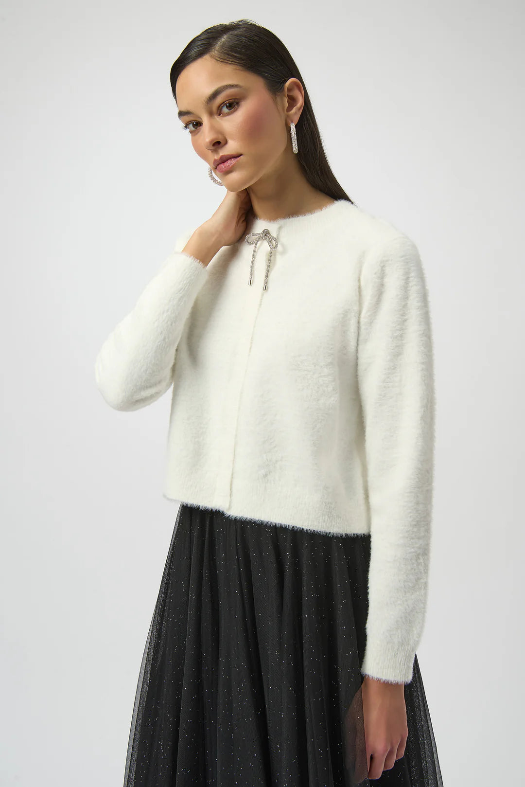 Joseph Ribkoff Cardigan with Rhinestone Bow Style 254955 Winter White 3