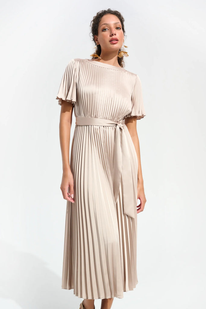 Joseph Ribkoff Pleated Satin Fit and Flare Dress With Sash Belt