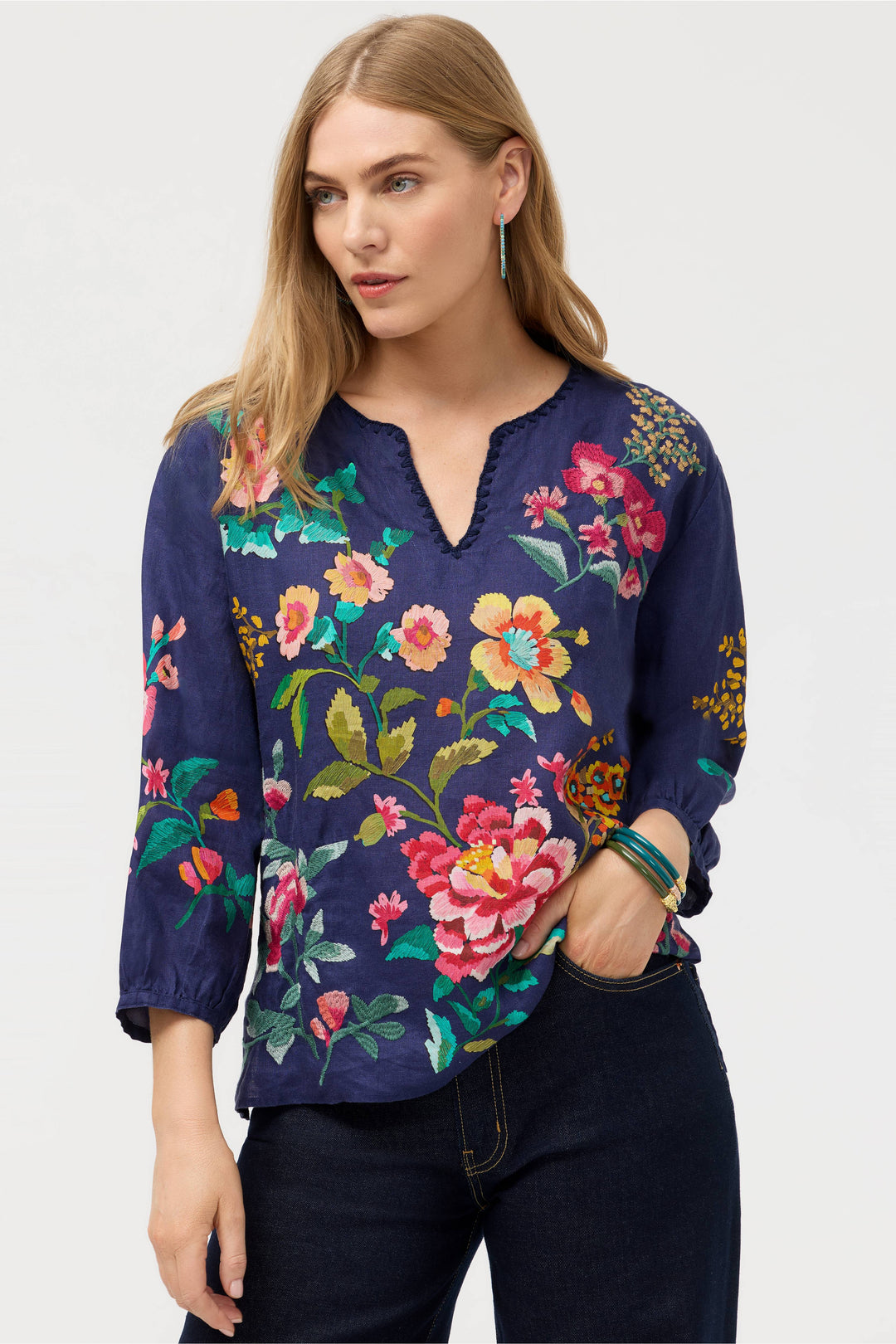 Johnny Was Split Neck Linen Blouse Blue Night Miraze 1