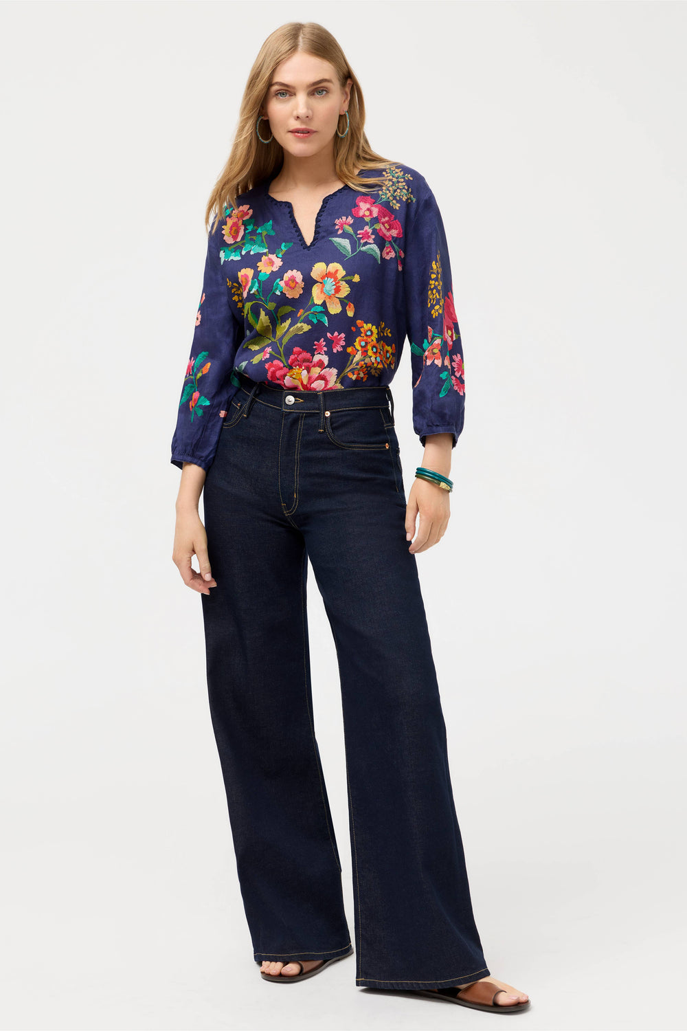 Johnny Was Split Neck Linen Blouse Blue Night Miraze 2