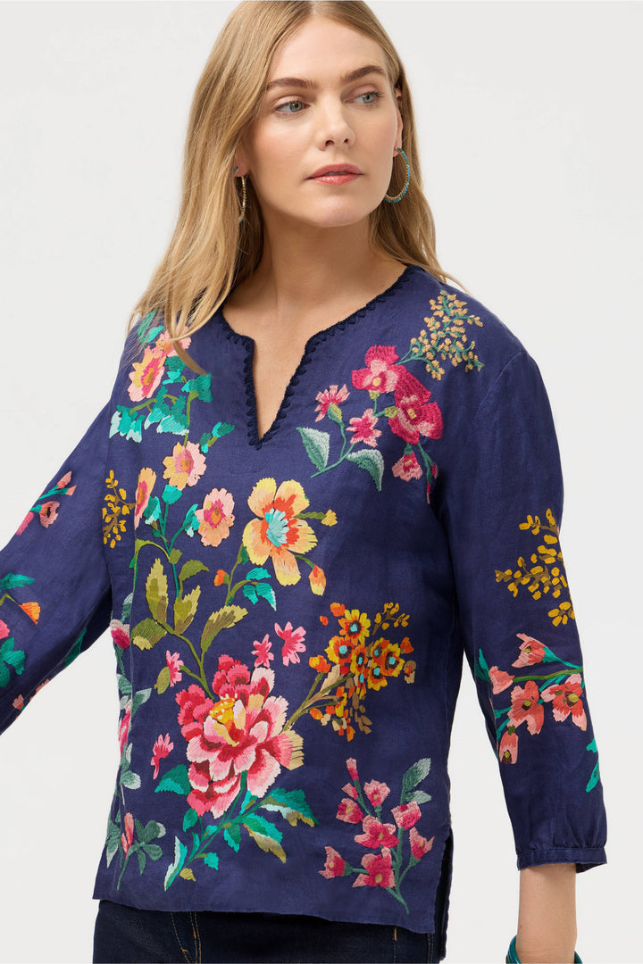 Johnny Was Split Neck Linen Blouse Blue Night Miraze 3