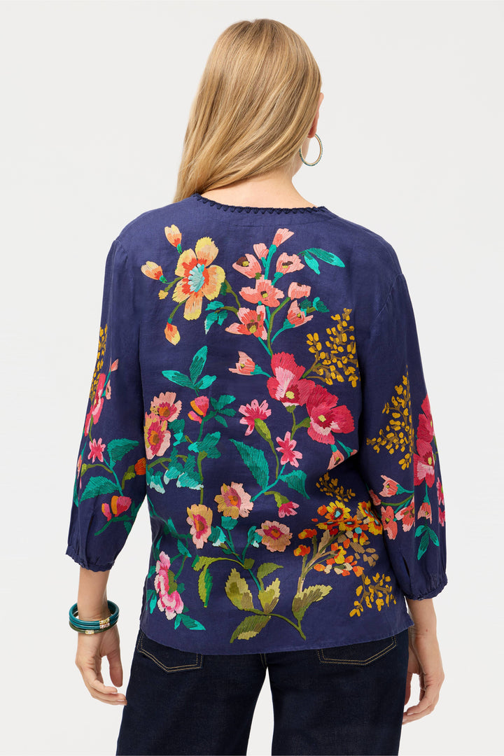 Johnny Was Split Neck Linen Blouse Blue Night Miraze 4
