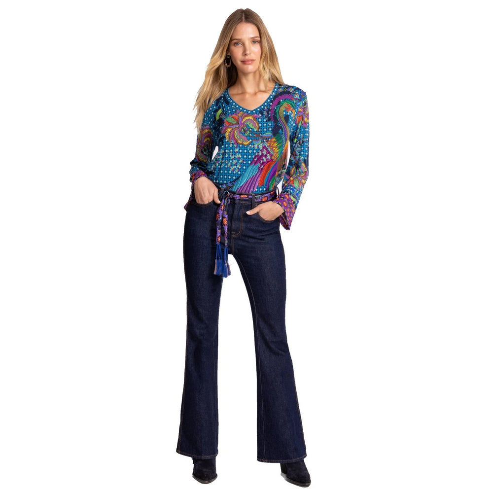 Kimono Peacock Floral Tee Shirt Blue Top 2
