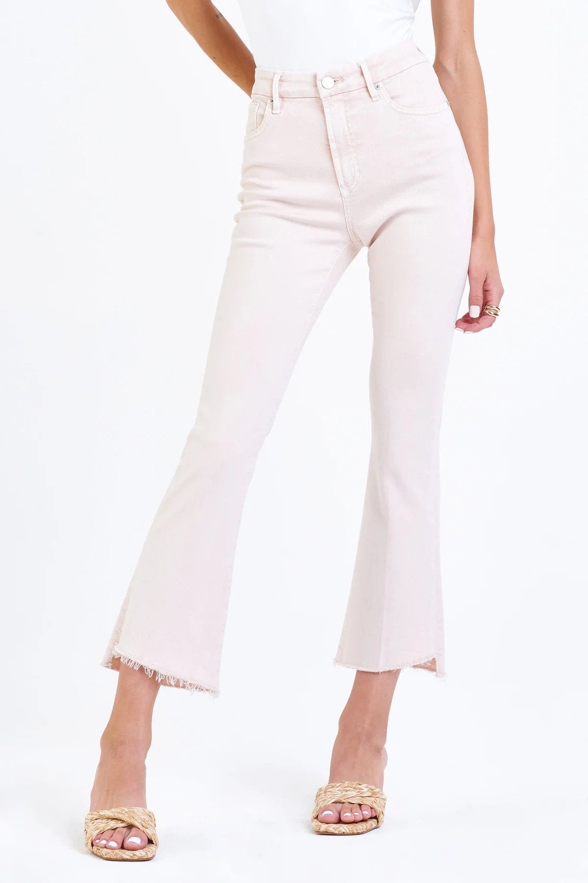 Jeanne Super High Rise Cropped Flare Jeans Heavenly Pink Front.