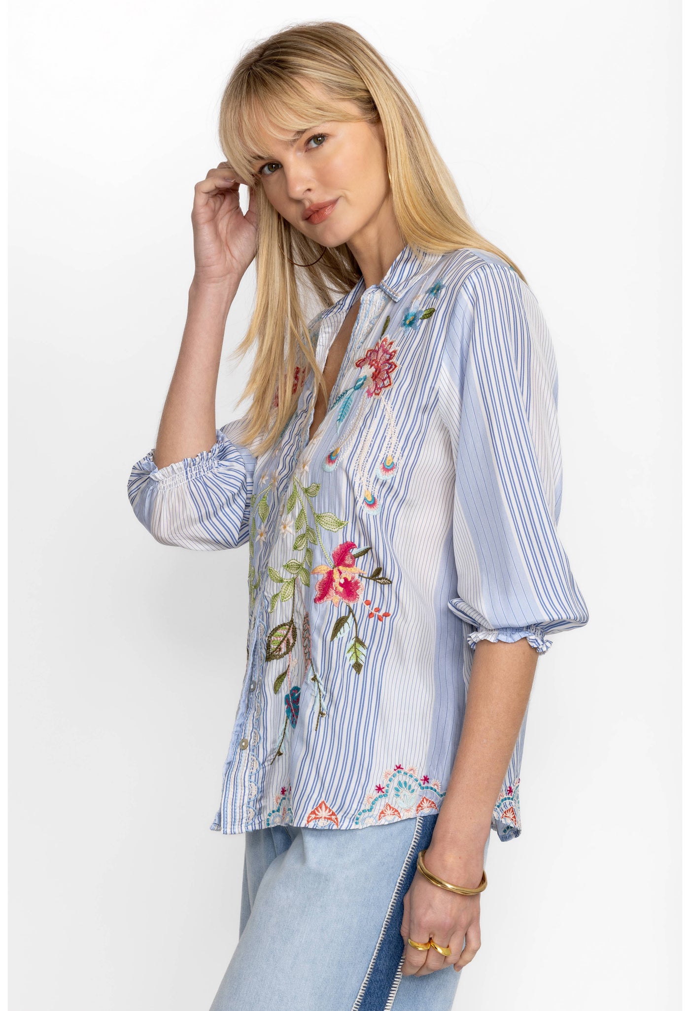 Johnny Was Emika Relaxed Smocked Shirt Side