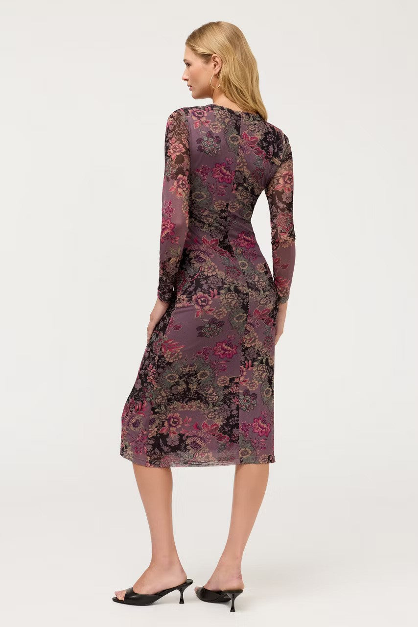 The Johnny Was Long Sleeve Ruched Front Mesh Midi Dress shown from behind paired with black mule heels against a plain light gray studio background.