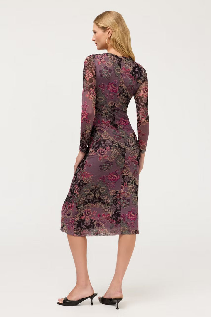 The Johnny Was Long Sleeve Ruched Front Mesh Midi Dress shown from behind paired with black mule heels against a plain light gray studio background.