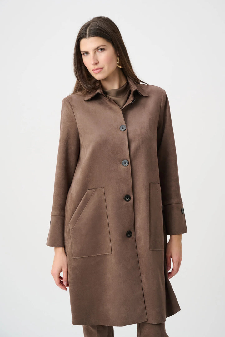 Studio shot of a women wearing The Joseph Ribkoff Faux Suede Car Coat Buttoned up on a white background.