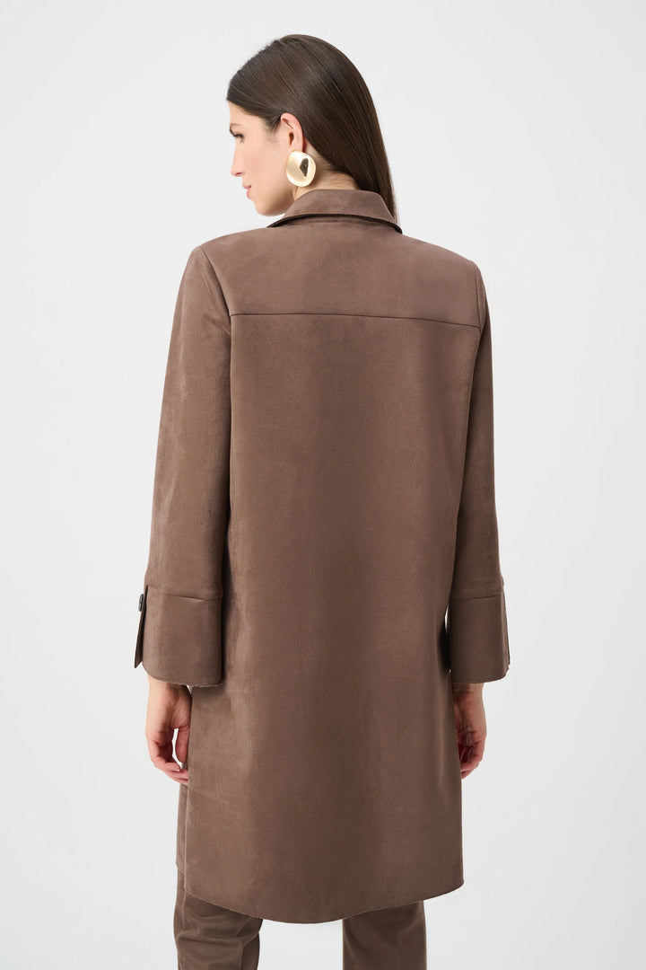 A rear view of the Joseph Ribkoff Faux Suede Car Coat with the models head turned to the side.