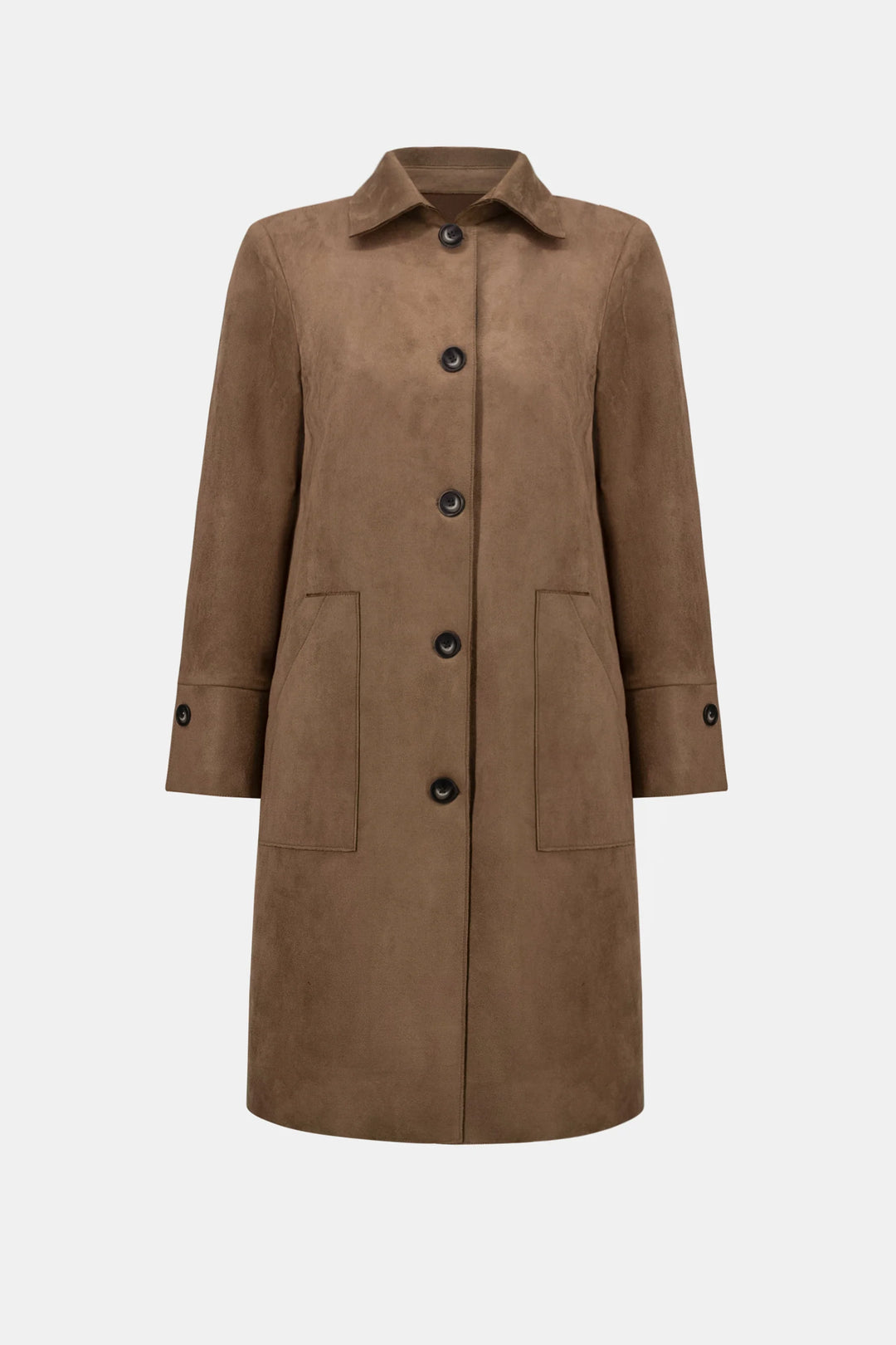 A view of the Joseph Ribkoff Faux Suede Car Coat buttoned up, by itself, with no model on a white background.
