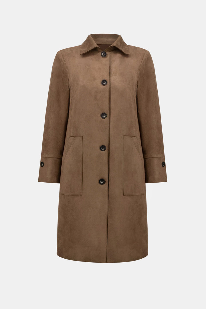 A view of the Joseph Ribkoff Faux Suede Car Coat buttoned up, by itself, with no model on a white background.