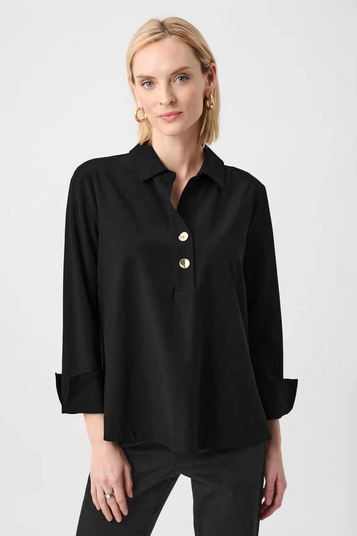 Joseph Ribkoff Stretch Poplin Boxy Top 263928 in black with a classic collar and gold buttons.
