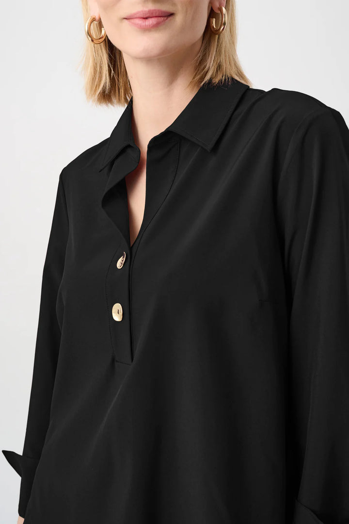 Close-up side view of the black Joseph Ribkoff stretch poplin top highlighting the collar and front placket.