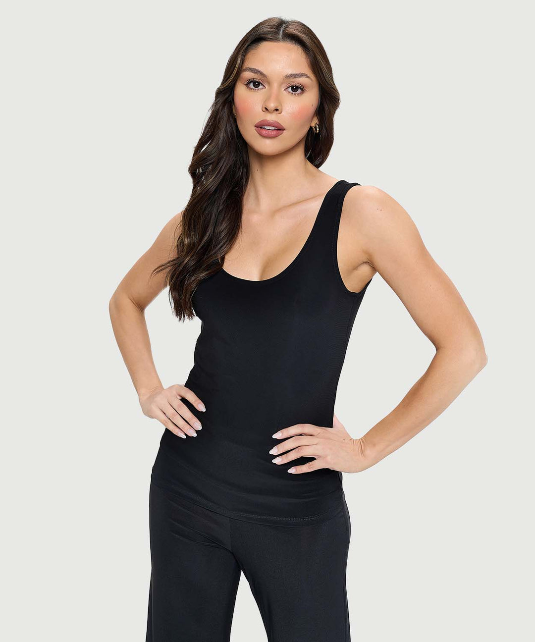 Last Tango Basic Wrinkle Resistant Scoop Tank Top in black, showing the bra-friendly straps and fitted silhouette.