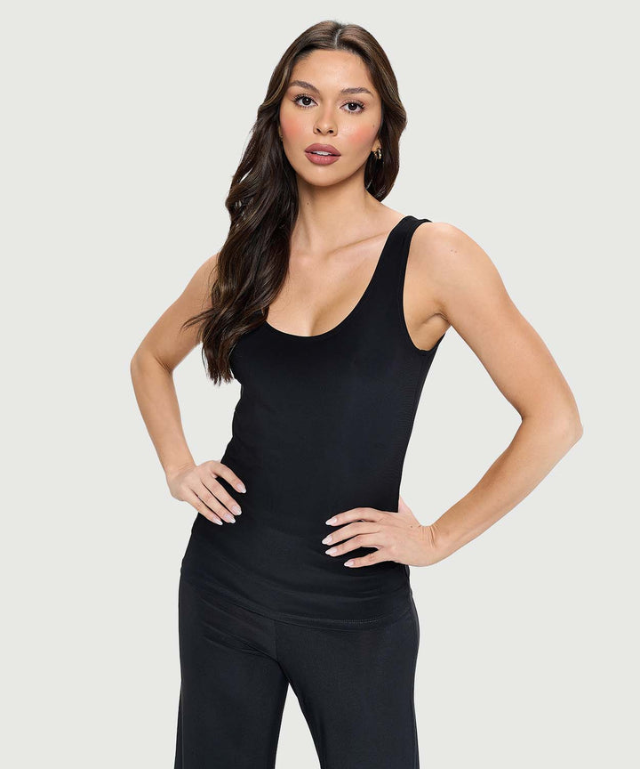 Last Tango Basic Wrinkle Resistant Scoop Tank Top in black, showing the bra-friendly straps and fitted silhouette.